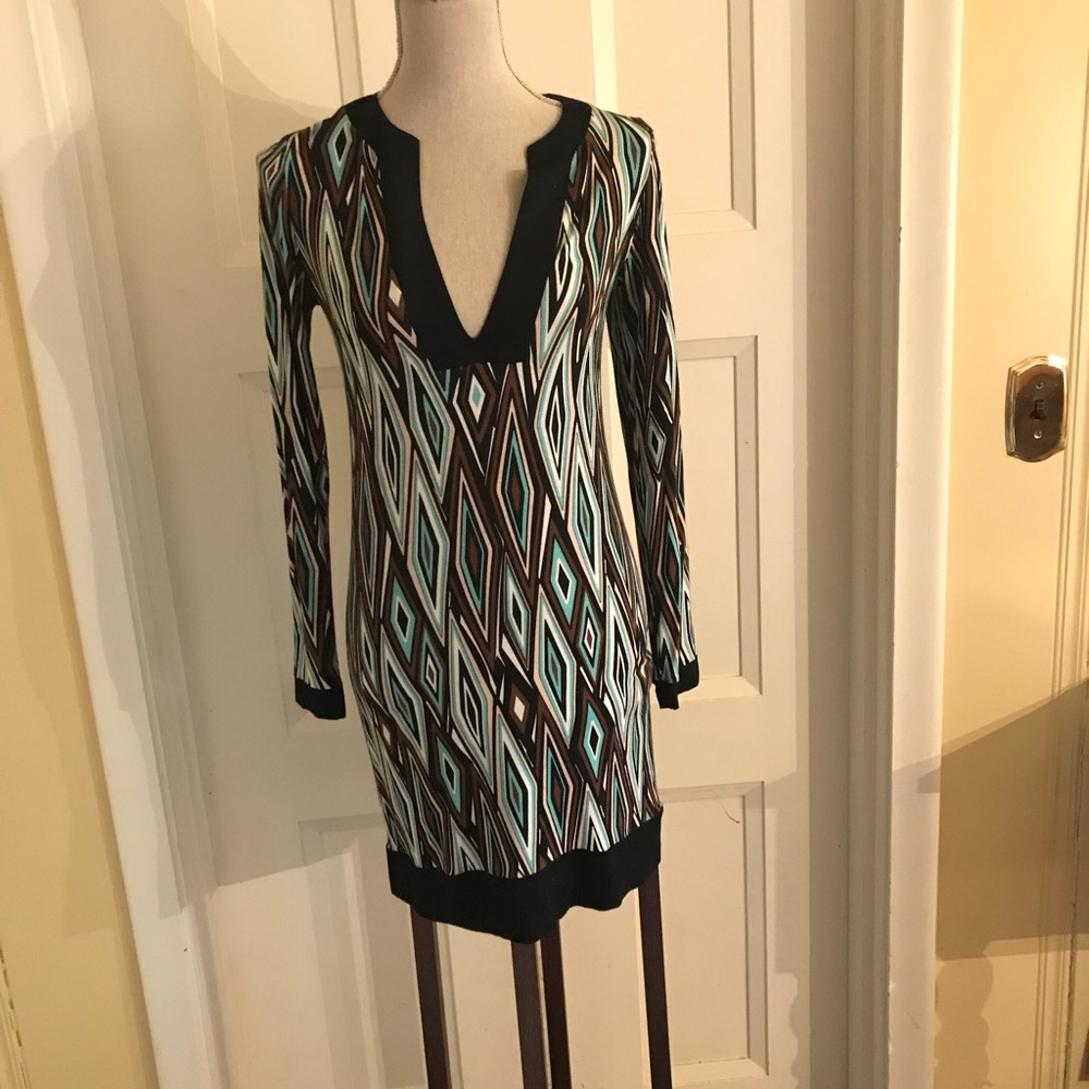 jully kang Black white blue & brown print dress M